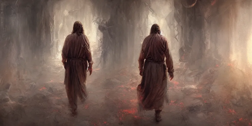 Prompt: Jesus Christ, walking through hell, a fantasy digital Painting, by Richard Schmid