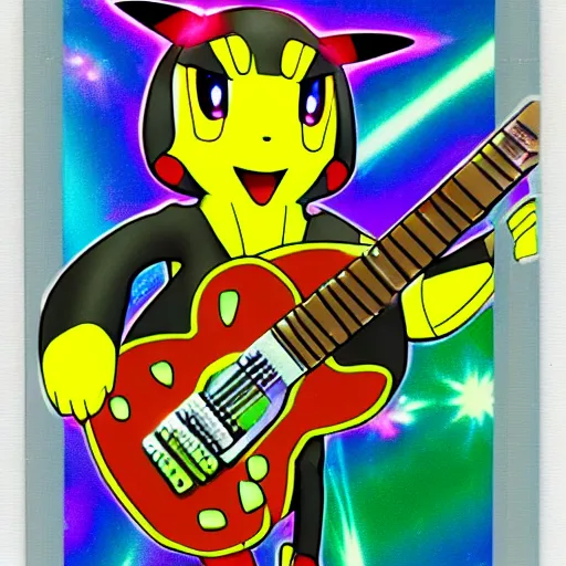 Image similar to holographic shiny colorful pokemon collectible trading card of a banana playing guitar