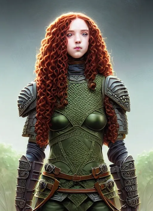 Prompt: ranger, light armor!!! long curly red hair!! covered chest!!! green eyes, fantasy, d & d, intricate ornate details, digital painting, pretty face!!, symmetry, concept art, sharp focus, illustration, art by artgerm! greg rutkowski magali villeneuve wlop! ilya kuvshinov!!, octane render