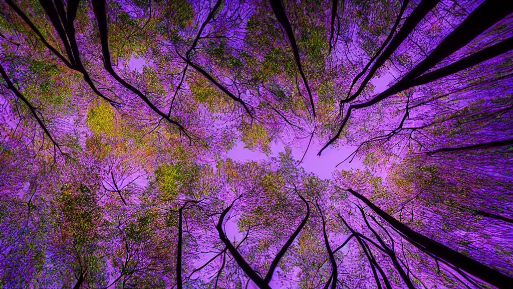 Image similar to The trunks stretch above you, awesome and cradling. The canopy gyres overhead, the intricacy of the leaf capillaries dazzle. Psychedelic night time photography in the style of Andreas Ghersky