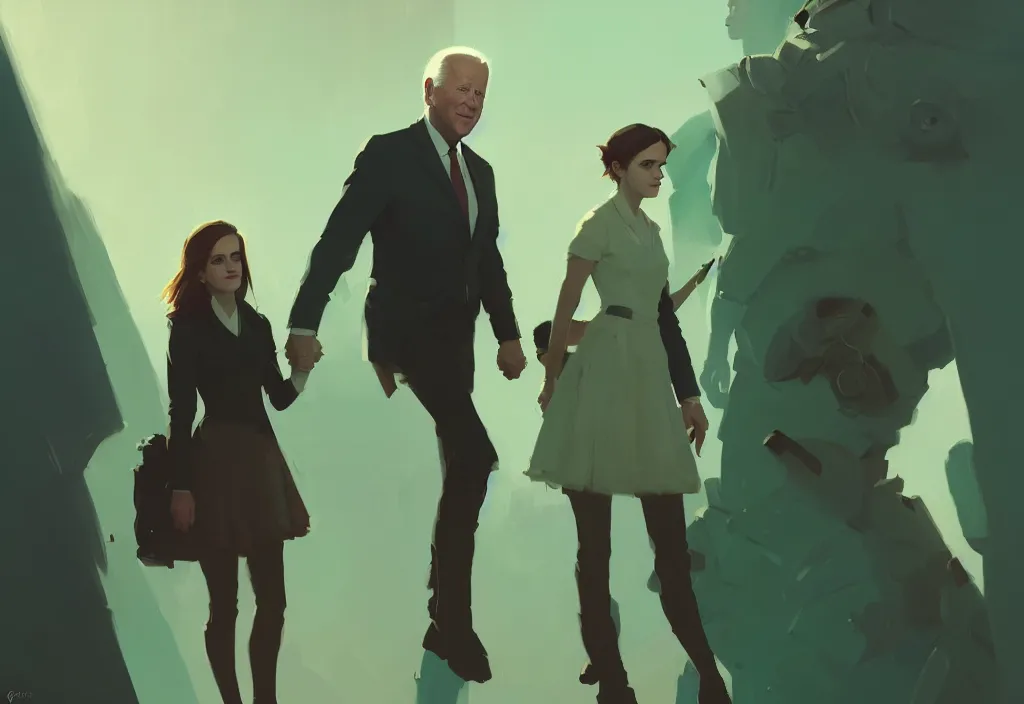 Image similar to portrait of joe biden and emma watson, fantasy, by atey ghailan, by greg rutkowski, by greg tocchini, by james gilleard, by joe gb fenton, dynamic lighting, gradient light green, brown, blonde cream, salad and white colors in scheme, grunge aesthetic