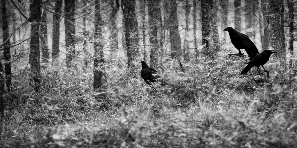 Image similar to mixture between an!! crow and! wolf, photograph captured in a dark forest