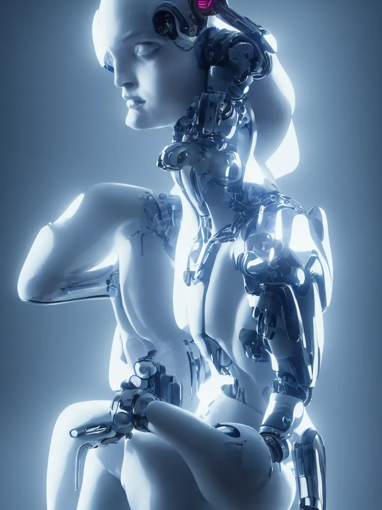 Image similar to cinematic shot of a cyborg woman with a porcelain body, perfect body, athletic, delft porcelain, led details, blade runner, ghost in the shell, futuristic, 8 k resolution, hyperdetailed, beautiful lighting, octane rendered, poser, photorealistic, exquisite details