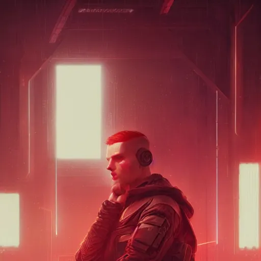 Prompt: A portrait of a man, hairstyle undercut, techwear, cyberpunk, sith, star wars art, red light, art by greg rutkowski, matte painting, trending on artstation