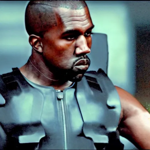 Image similar to Film still of kanye west as the terminator, red eyes, face exoskeleton