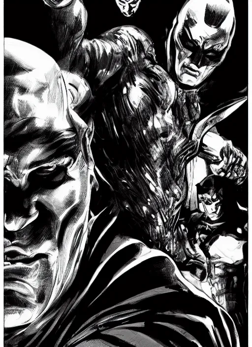 Image similar to portrait, comic villain, black and white comic panel, cover Art, inking, Dynamic lighting, cinematic, establishing shot, extremely high detail, photo realistic, cinematic lighting, pen and ink, intricate line drawings, post processed, concept art, artstation, matte painting, midjourney, style by alex ross, neal adam