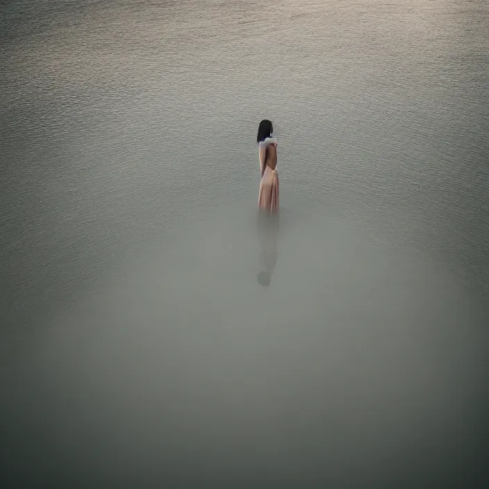 Prompt: a woman, standing in shallow endless water, foggy, backlit, backlit, photo by Marat Safin, Canon EOS R3, f/1.4, ISO 200, 1/160s, 8K, RAW, unedited, symmetrical balance, in-frame