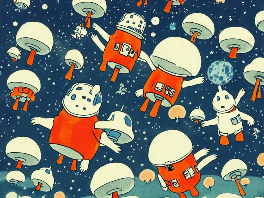 Image similar to moomins in space suits flying around with jetpacks discovering the mushroom planet, very cozy and fluffy and sweet