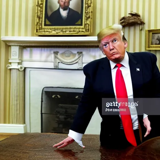 Prompt: Trump drunk in the Oval Office, newspaper picture, pulitzer-prized photo