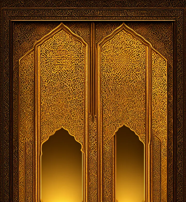 Image similar to an islamic style ornamental gate into other dimension, gold, ornament, intarsia, portal, doorway, dynamic lighting, ambient lighting, atmospherical, photorealistic fantasy concept art, trending on art station, stunning visuals, creative, cinematic, ultra detailed