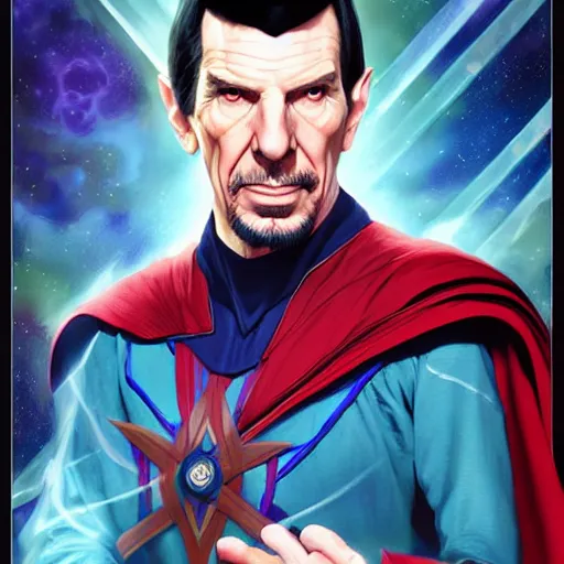 Prompt: portrait of leonard nimoy as doctor strange. portrait, concept art, sharp focus, smooth, artstation, by alex ross, by huang guangjian and gil elvgren and sachin teng