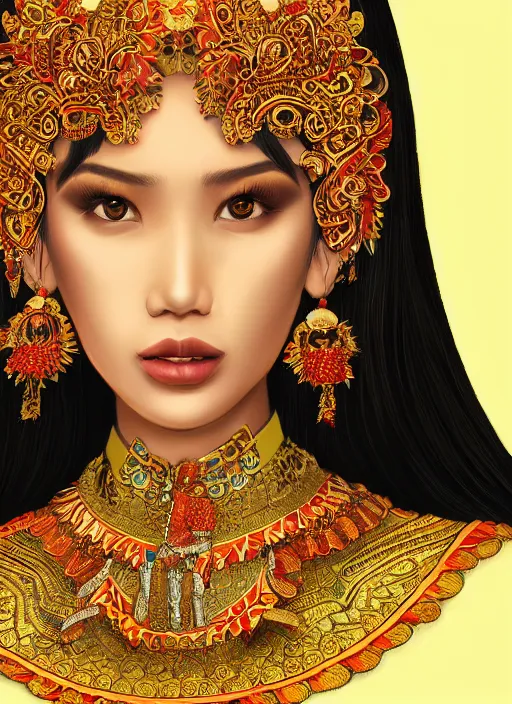 Prompt: portrait of an indonesian supermodels wearing traditional costume, highly detailed, digital painting, artstation, concept art, sharp focus, illustration