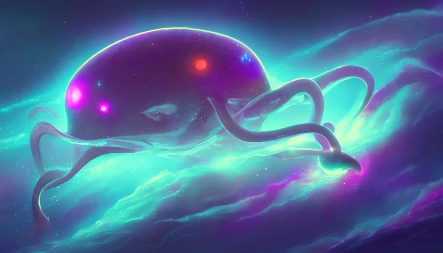 Prompt: anthropomorphic squid floating in a nebula in space, distant vibrant magical lights, volumetric lighting, puffy clouds, digital art, concept art, hyperdetailed, wallpaper, trending on artstation