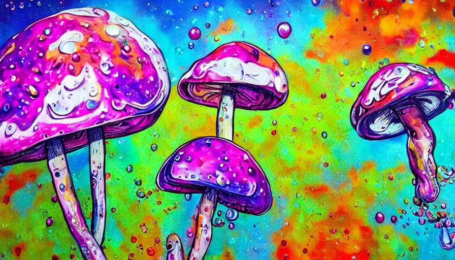 Image similar to trippy mushrooms, sweet dreams, painting on canvas, watedrops, water droplets, acrylic painting, acrylic pouring, painting, influencer, artstation - h 8 0 0