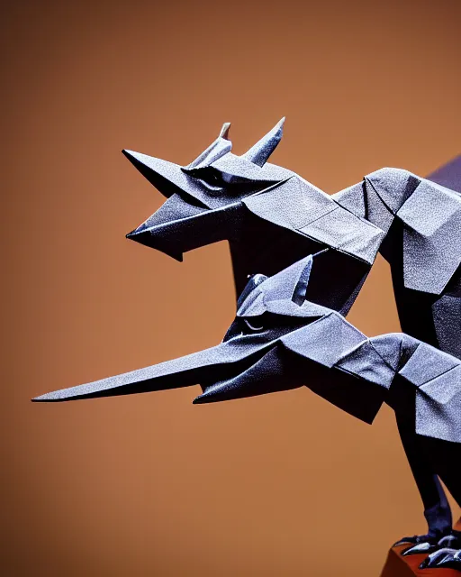 Image similar to high quality presentation photo of origami dinosaurs, photography 4k, f1.8 anamorphic, bokeh, 4k, Canon, Nikon