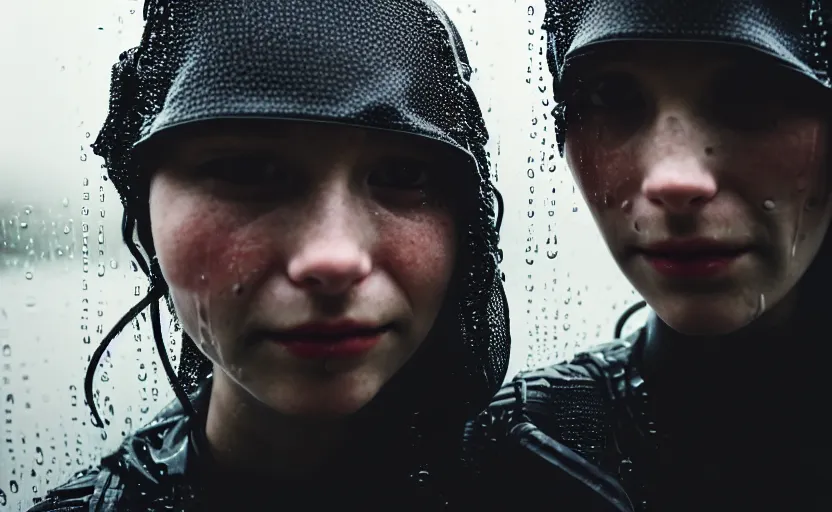 Image similar to cinestill 5 0 d candid photographic portrait by helen levitt of two loving female androids wearing rugged black mesh techwear in treacherous waters, extreme closeup, modern cyberpunk moody depressing cinematic, pouring rain, 8 k, hd, high resolution, 3 5 mm, f / 3 2, ultra realistic faces, ex machina