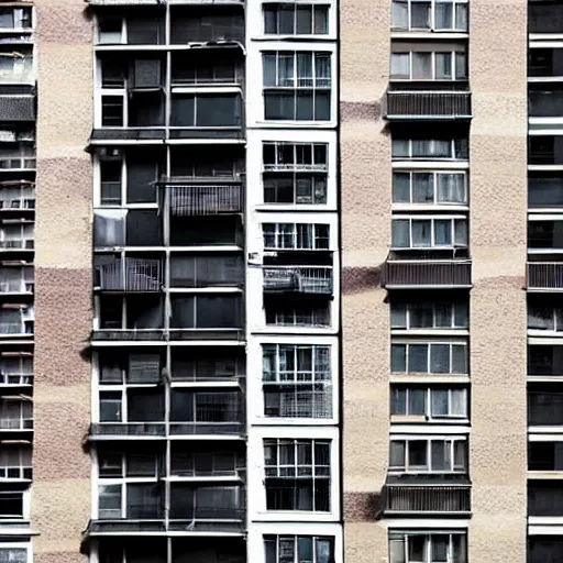 Image similar to a woman's hair grows from all the windows and doors of large apartment building, the hair reaches the ground, rendered