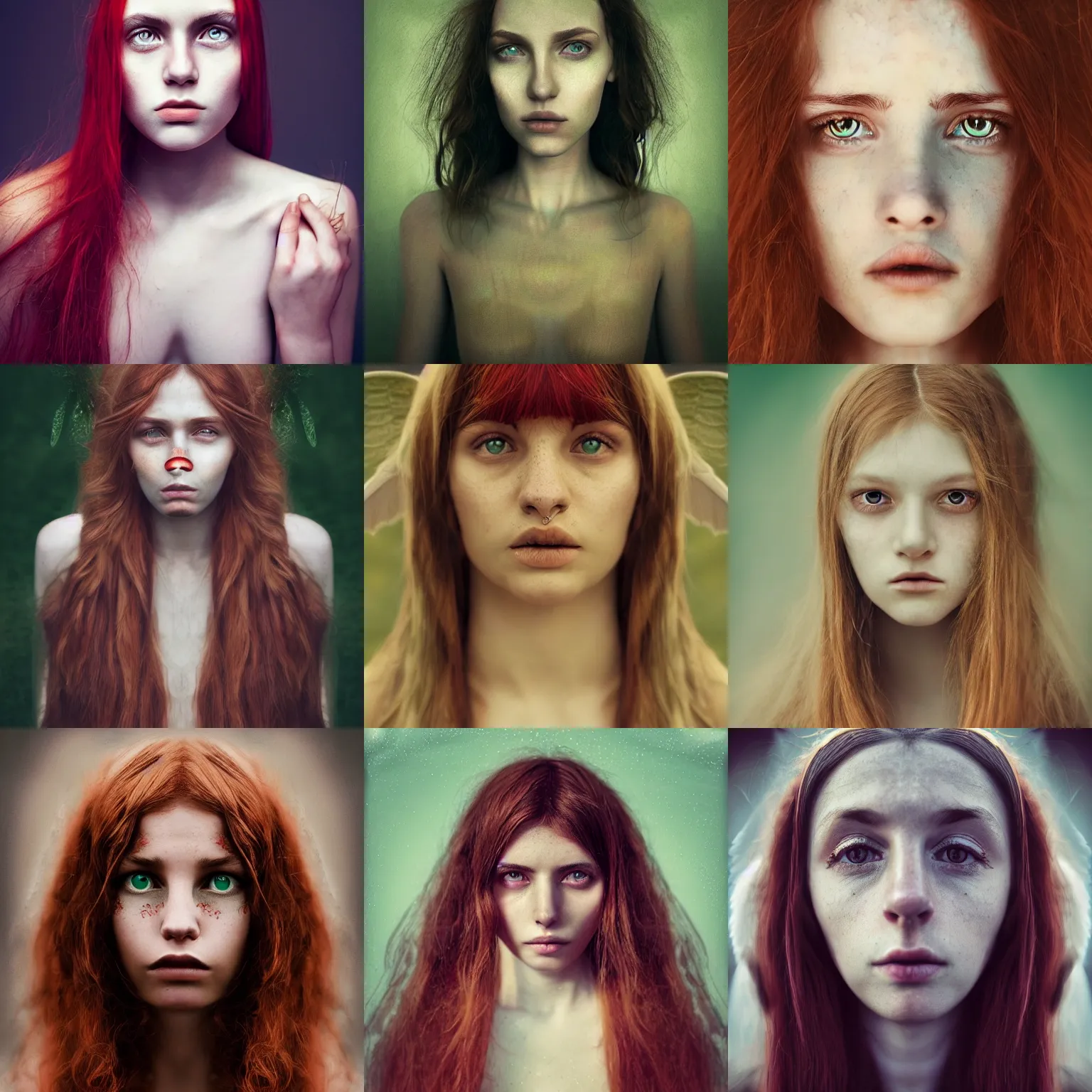 Image similar to a portrait photograph of a female angel by Alessio Albi, beautiful full face, symmetrical face, artstation, deviantart, hyperrealism, green eyes, long red hair, a small nose
