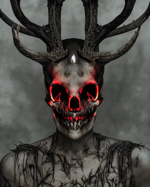 Image similar to deer - skull ghost - spirit of the grim - warpaint wears the scarlet skull armor and native blood headdress antlers, midnight fog - mist!, cinematic lighting, various refining methods, micro macro autofocus, ultra definition, award winning photo, photograph by ghostwave - gammell - giger - shadowlord