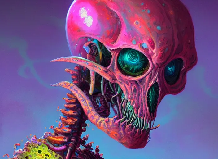 Prompt: a psychedelic portrait of omin dran skeletal mind flayer psion, vibrant color scheme, highly detailed, in the style of romanticism, cinematic, artstation, moebius, greg rutkowski