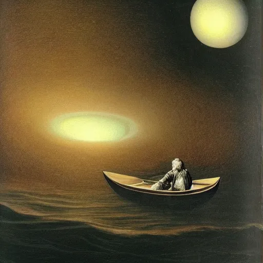 Prompt: charon in his boat at sea looking at a black hole in the universe.