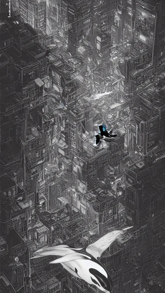 Prompt: highly detailed illustration of an orca flying over a cyberpunk city at night by nico delort, moebius, oliver vernon, joseph moncada, damon soule, manabu ikeda, 4 k resolution