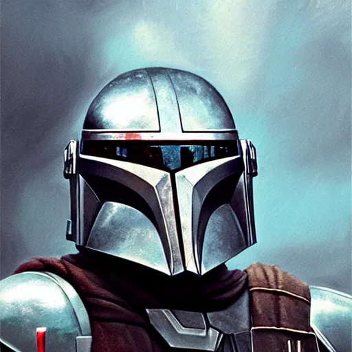 Image similar to the mandalorian, portrait, concept art by doug chiang cinematic, realistic painting, high definition, concept art, portait image, path tracing, serene landscape, high quality, highly detailed, 8 k, soft colors, warm colors, turbulent sea, high coherence, anatomically correct, hyperrealistic, concept art, defined face, symmetrical 5