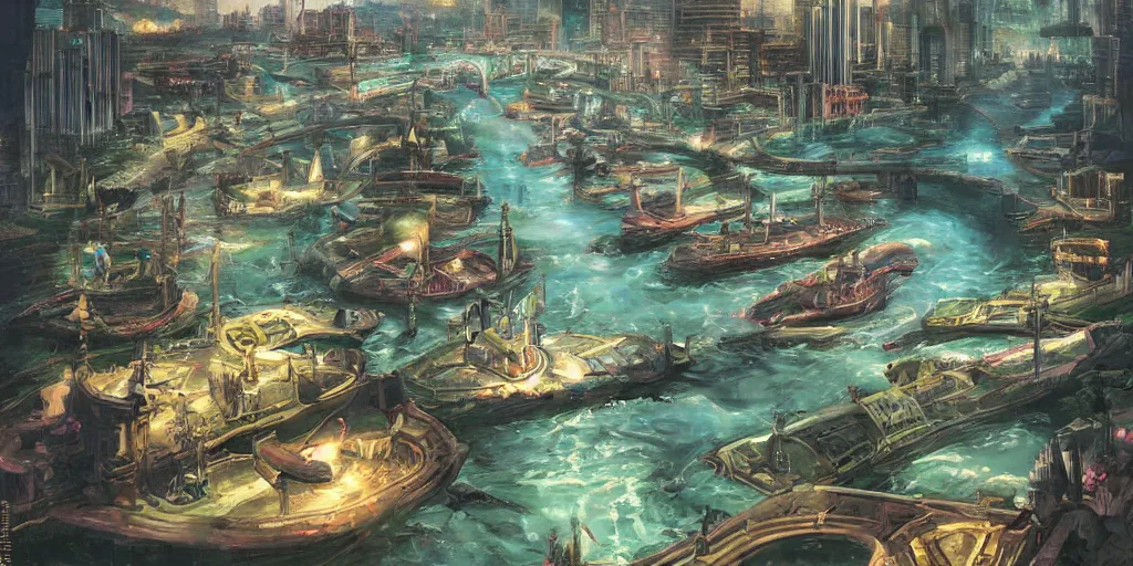 Prompt: magic city with with rivers and aqueducts as streets. various boats. mtg. magic the gathering by yeong hao han