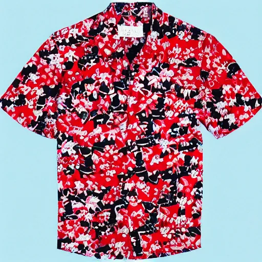 Prompt: blue - eyed blonde woman wearing a red with black flowers aloha shirt