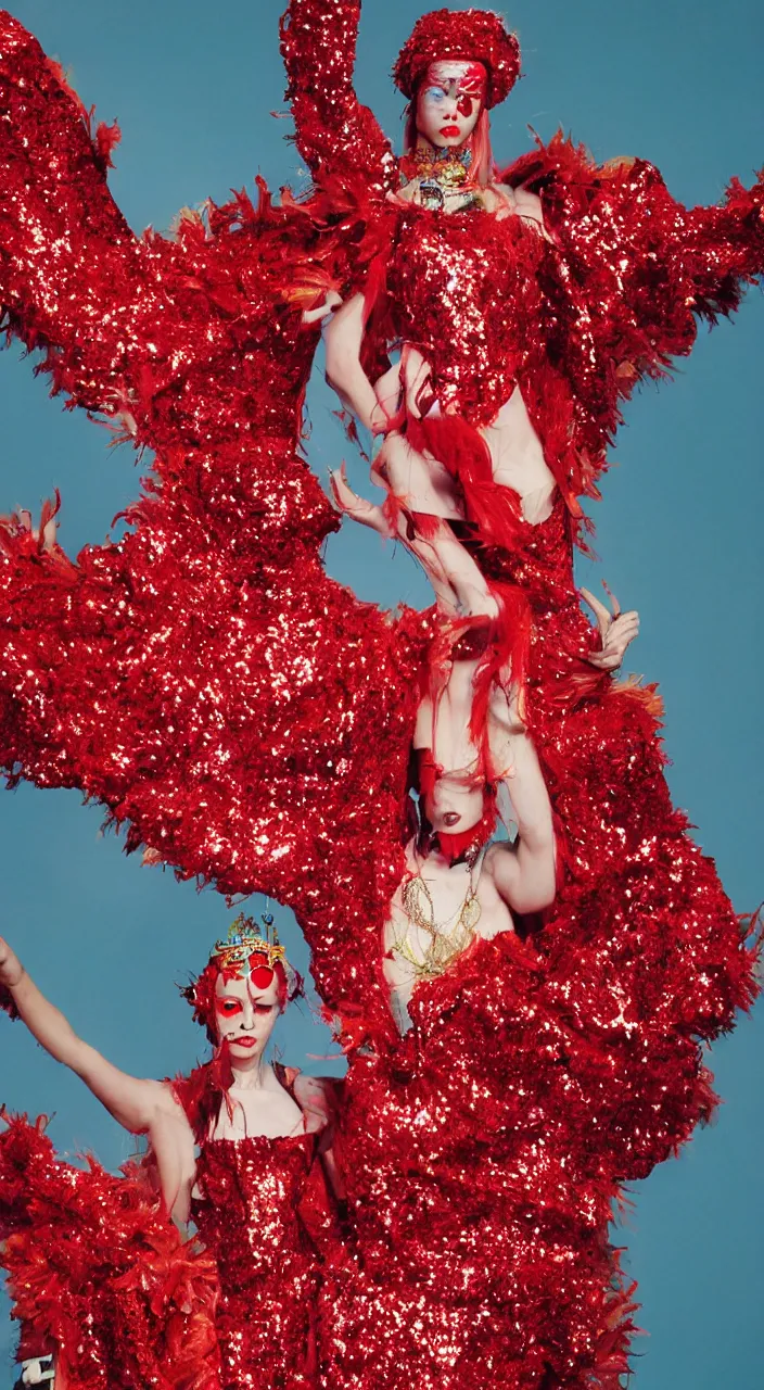 Image similar to photo from a fashion shoot, a female fashion character design wearing a red sequined bodysuit, alexander mcqueen headdress, costume by eiko ishioka, haute couture, steven outram, colorful and psychedelic