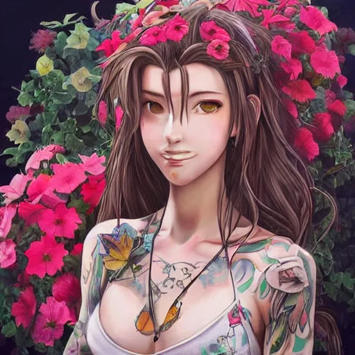 Prompt: concept art of aerith gainsborough with tattoos, amongst flowers, high quality, detailed, trending on artstartion