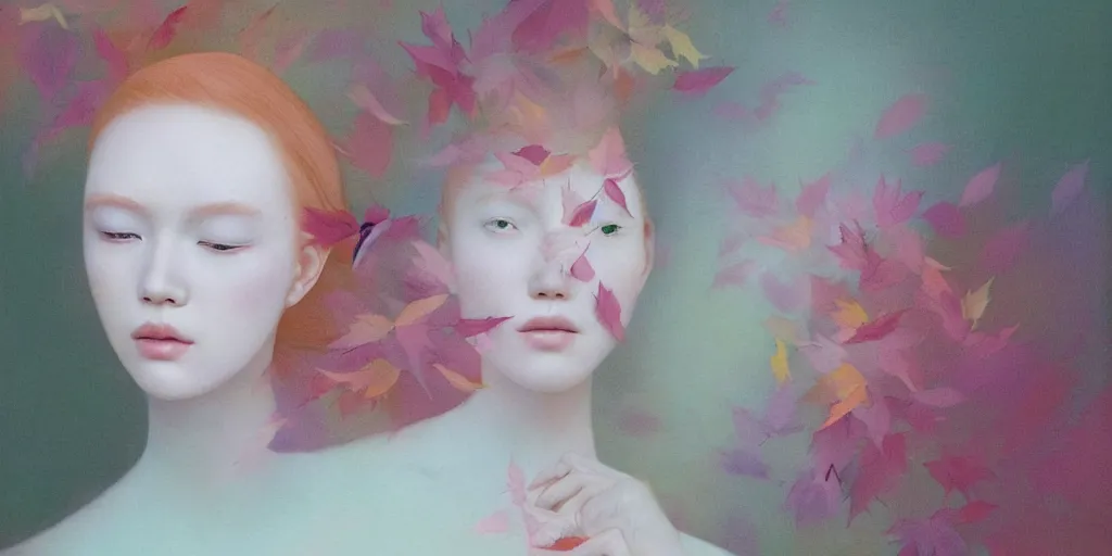 Prompt: highly detailed pastel colors of an ethereal ginger beauty morphing gradually into autumn leaves, by hsiao - ron cheng, smooth composition, fine detail