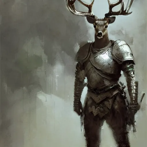 Image similar to portrait of a deer as a mighty warrior wearing silver armor, holding sword, by craig mullins, jeremy mann.