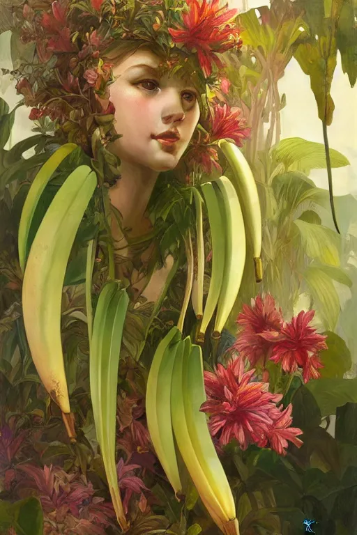 Image similar to ultra realistic illustration, banana plants close up drawing and colorful flowers, elegant, highly detailed, digital painting, concept art, smooth, sharp focus, illustration, art by greg rutkowski and alphonse mucha