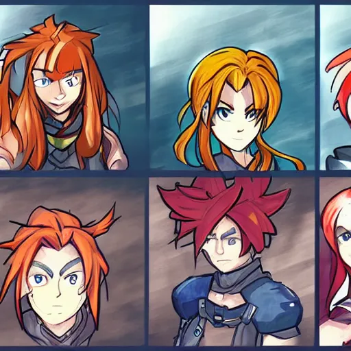 Prompt: concept art of six characters from crono trigger , concept art , Pinterest , game design , assets , game assets