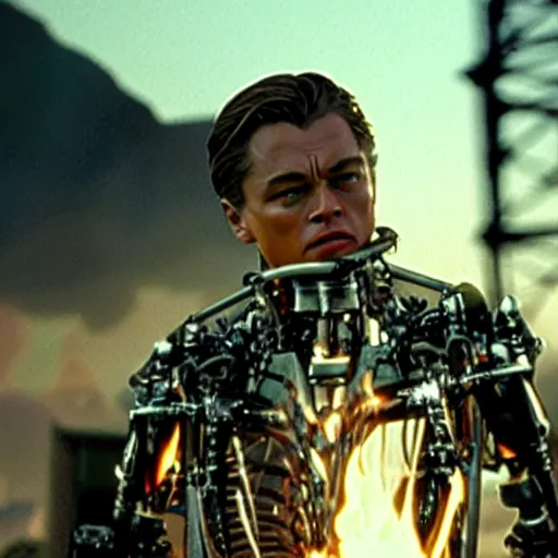 Image similar to Film still of leonardo dicaprio as The Terminator, half of face is cybernetic and exoskeleton exposed, photorealistic, burning city background