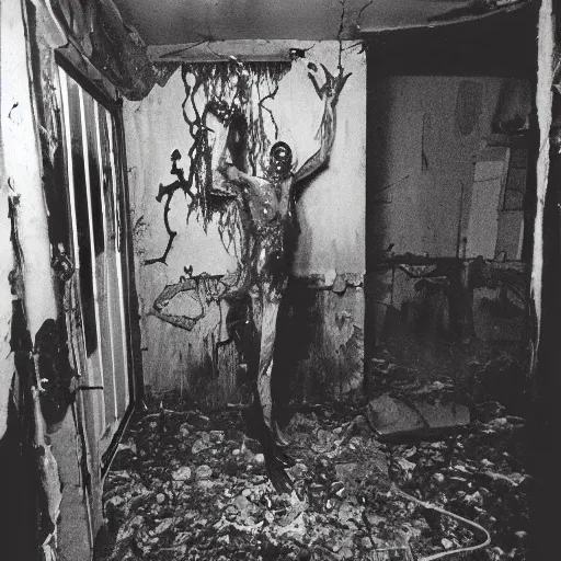 Prompt: 1 9 9 3, disposable camera, flash, old abandoned house, creature, standing, meat, ooze, slime, veins, wet