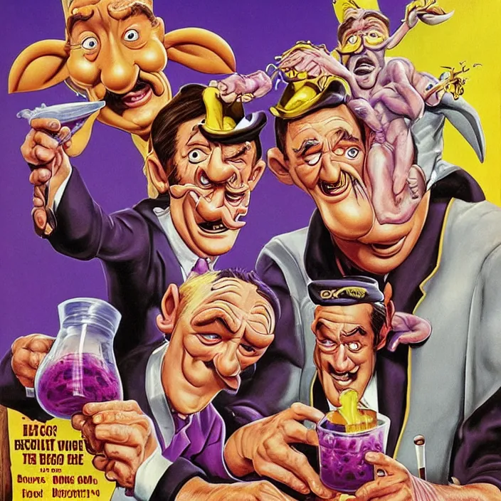 Image similar to promotional art for the movie'unless you hate bullruns ', barry chuckle preparing a batch of purple oil drink, hyperreal detailed facial features and uv lighting, art by ed roth and basil wolverton