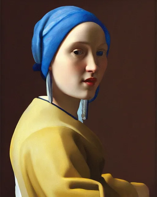 Prompt: digital realist painting of a beautiful modern girl by vermeer