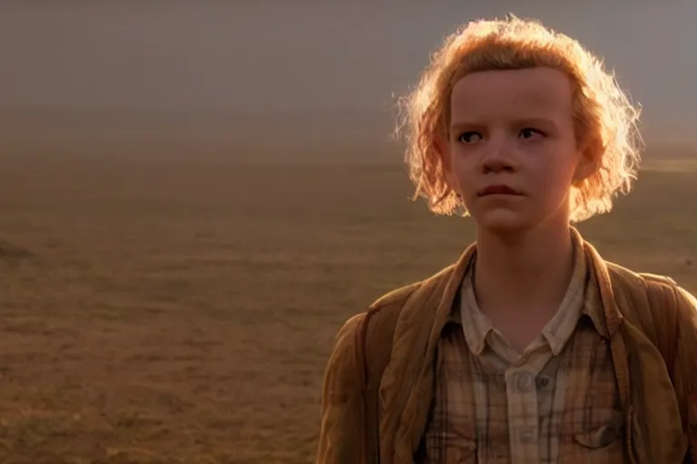 Image similar to Eleven looking down to Hawkins, happy after a long fight, photo-realistic, golden hour, epic