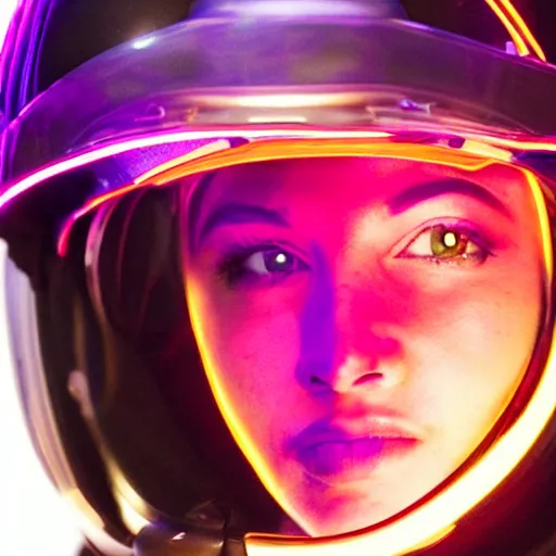 Prompt: woman in full face motorcycle helmet in neon pink lighting
