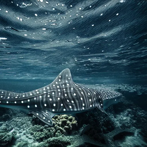 Image similar to a bioluminescent whale shark deep under the sea, award winning nature photography