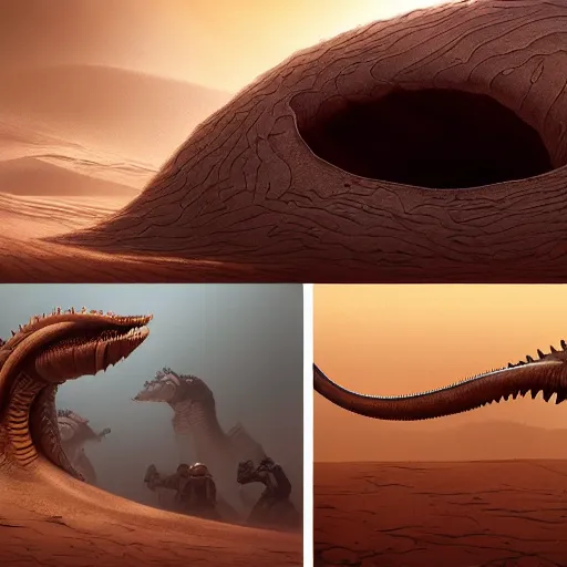 Prompt: cinematic shot, hyper realistic, hyper detailed, the sarlacc - dune sandworm - hybrid, fantasy photography, arrakis desert environment, digital painting, volumetric lighting, trends at art station, a masterpiece, unreal 5 engine rendered, octane rendered, sharp focus, insane art by artgerm, greg rutkowski, deak ferrand and frank herbert