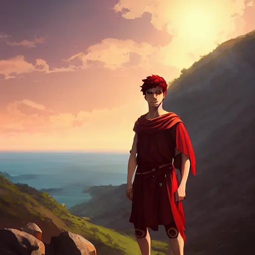 Image similar to young roman man with red hair in a tunic standing on a ridge in greece 4 k, concept art, by wlop, ilya kuvshinov, artgerm, krenz cushart, greg rutkowski, pixiv. cinematic dramatic atmosphere, sharp focus, volumetric lighting, cinematic lighting, studio quality