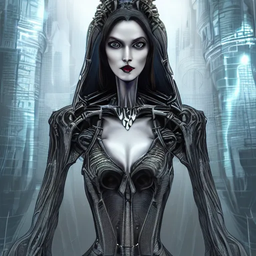Prompt: Tall, beautiful, slender female witch with dark hair, futuristic, alien cityscape, intricate detail, symmetrical facial features, naturally proportioned body, photorealism,