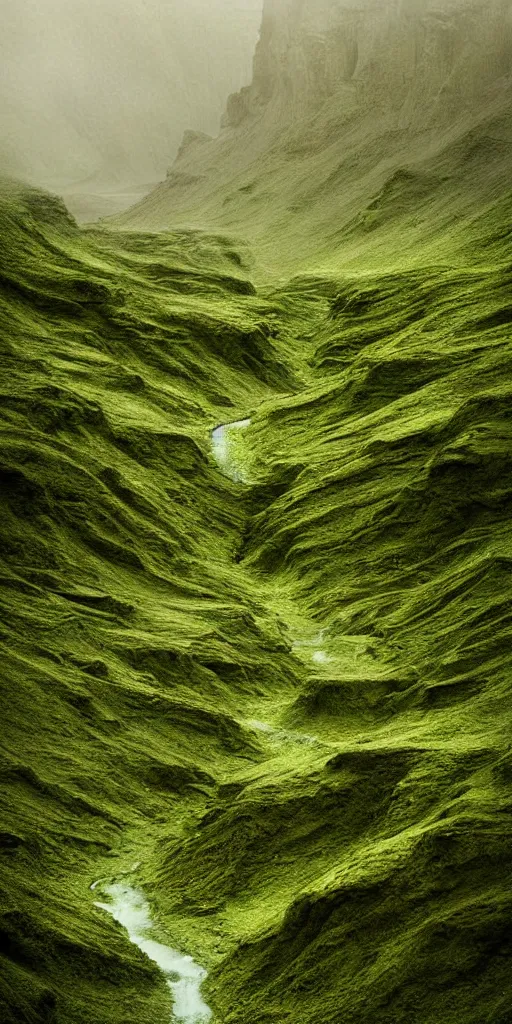 Image similar to dream looking through a hyper realistic photograph of a fertile lush canyon, minimal structure, misty, raining, meditative, icelandic valley, small stream, in the style of reuben wu, roger deakins