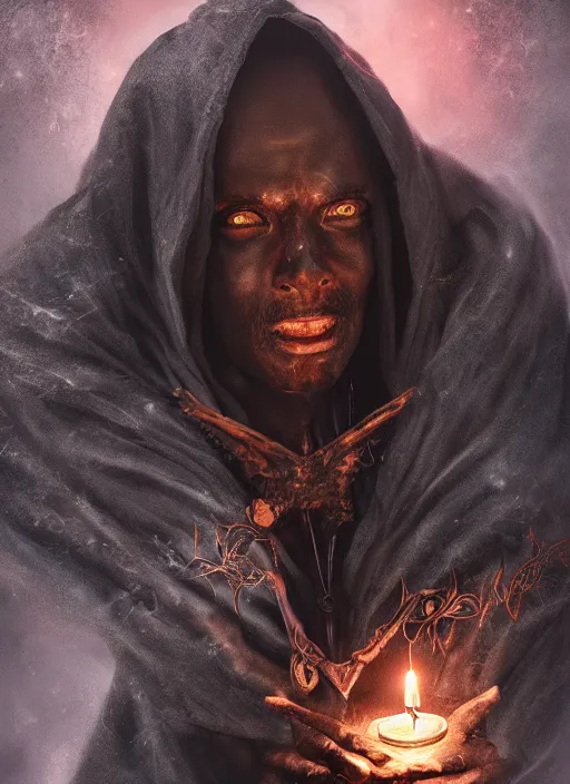 Image similar to black magic sorcerer with a book of spells, dramatic, death, cinematic, ultra realistic, 8 k, highly detailed, trending on artstation