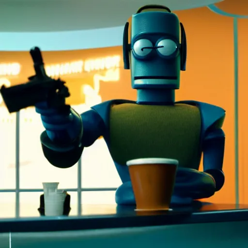 Image similar to bender in a pulp fiction movie scene, 8k, octane, details,