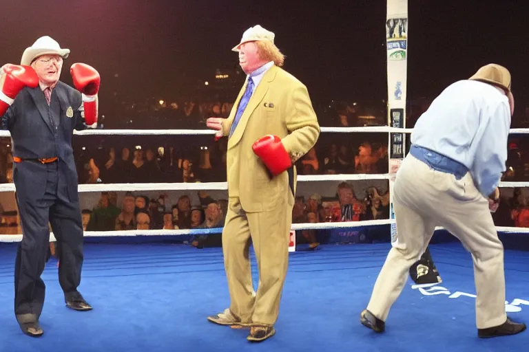 Image similar to michael fish vs john mccririck in a boxing match, in the middle of a paddock