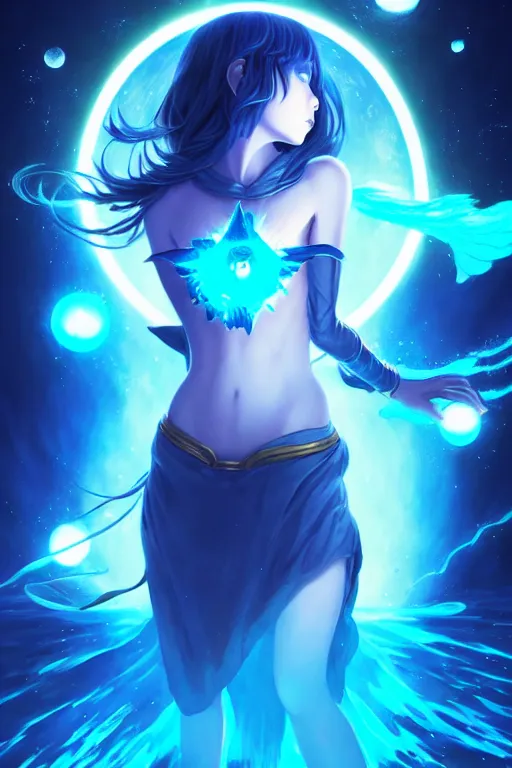 Image similar to blue dressed summoner girl fighting against outer gods with their creatures. floating planets on the background, box office hit, fantasy and cosmic horror movie, unreal engine, intricate, highly detailed 8 k, ambient occlusion, extremely beautiful and aesthetic shape of face and body, art by hiroaki samura and ilya kuvshinov and rossdraws